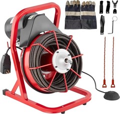 75FT x 1/2 Inch Drain Cleaner Machine Manual Feed with Cutters & Foot Switch Red