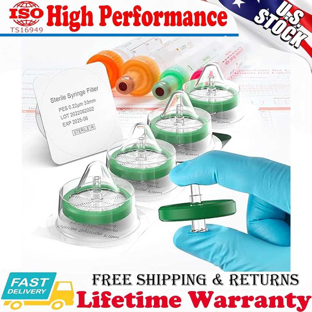 50Pcs Sterile Syringe Filter PES Membrane Filtration 33mm 0.22μm Lab Filters USA