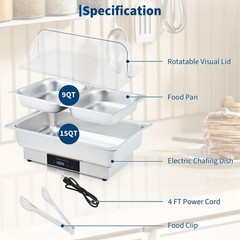 Electric Chafing Dish 600W Stainless Steel Buffet Servers Warmers with Roll Top