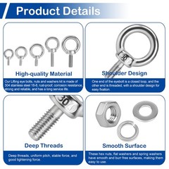 12 Pack M5 Stainless Eye Bolts with Nuts Washers, 0.45″(12mm) Thread Length