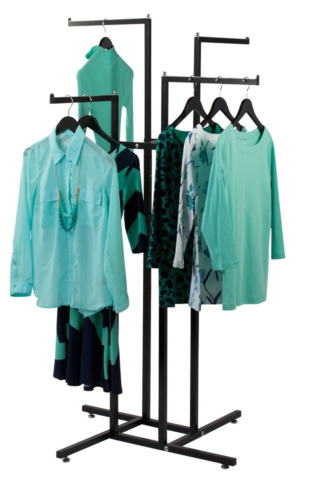 SSWBasics 4 Way Clothing Display Rack with Straight Arms (Black)