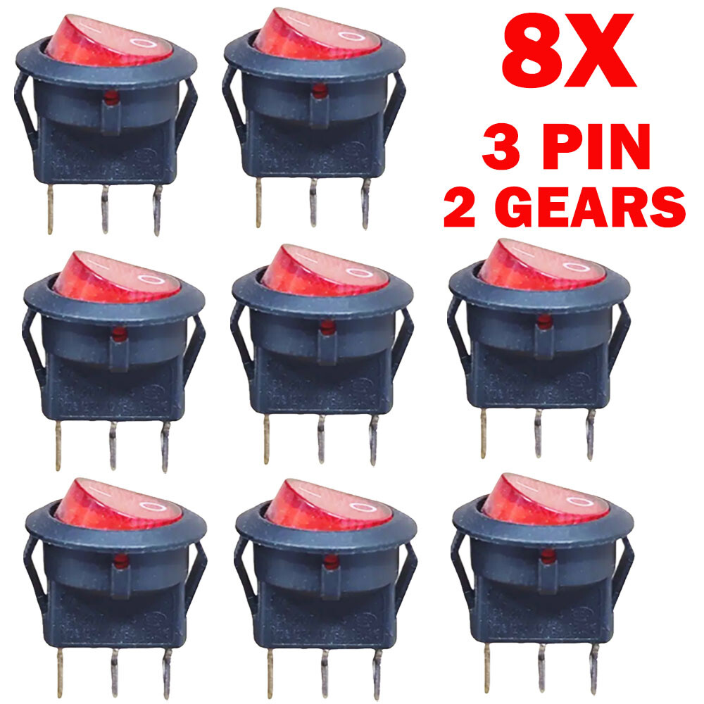 8Pack For SPST 3 Pin ON/OFF Round Rocker Switch With Red Neon Lamp 10A/125VAC