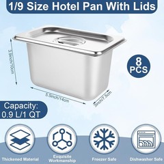 8 PCS Stainless Steel Hotel Pans with Lids 1/9 Size 4 Inch Deep Restaurant