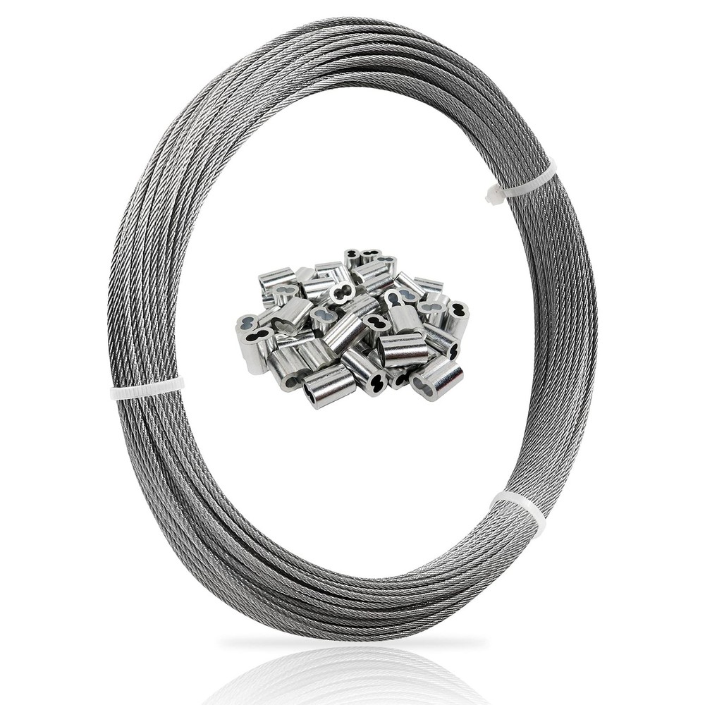 1/16 Wire Rope, 100FT 304 Stainless Steel Cable with 50Pcs Crimp Sleeves,