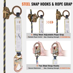 50ft Vertical Fall Lifeline Rope 0.55in ANSI Safety Rope Grab Shock Absorber Set