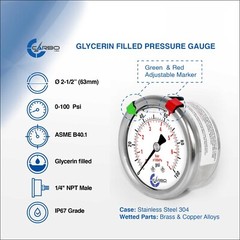 2-1/2″ Pressure Gauge, Stainless Steel Case, Liquid Filled, Back Mnt 0-100 PSI