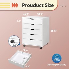 DEVAISE 5 Drawer Filing Cabinet Under Desk White