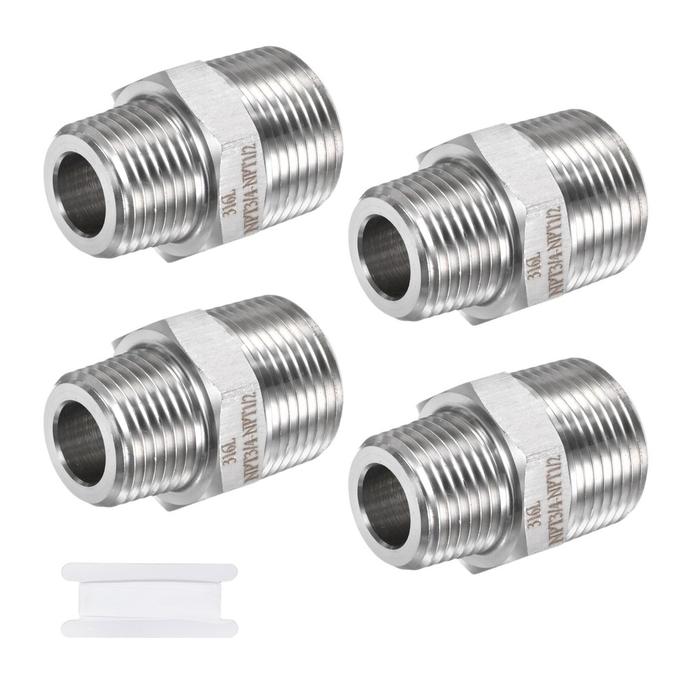 4-Pack 304 Stainless Steel 1/2″NPT Male x 3/4″ NPT Male Hex Nipple Pipe Fitting