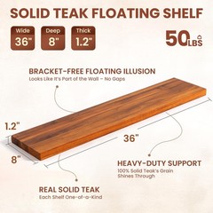 36 Inch Teak Floating Shelves Set of 2 – Solid Natural Wood Wall Mounted Shel…