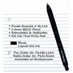 Pentel EnerGel BL110 1.0mm Bold, Black Gel Ink, 3 Pens with 6 LR10-A Refills