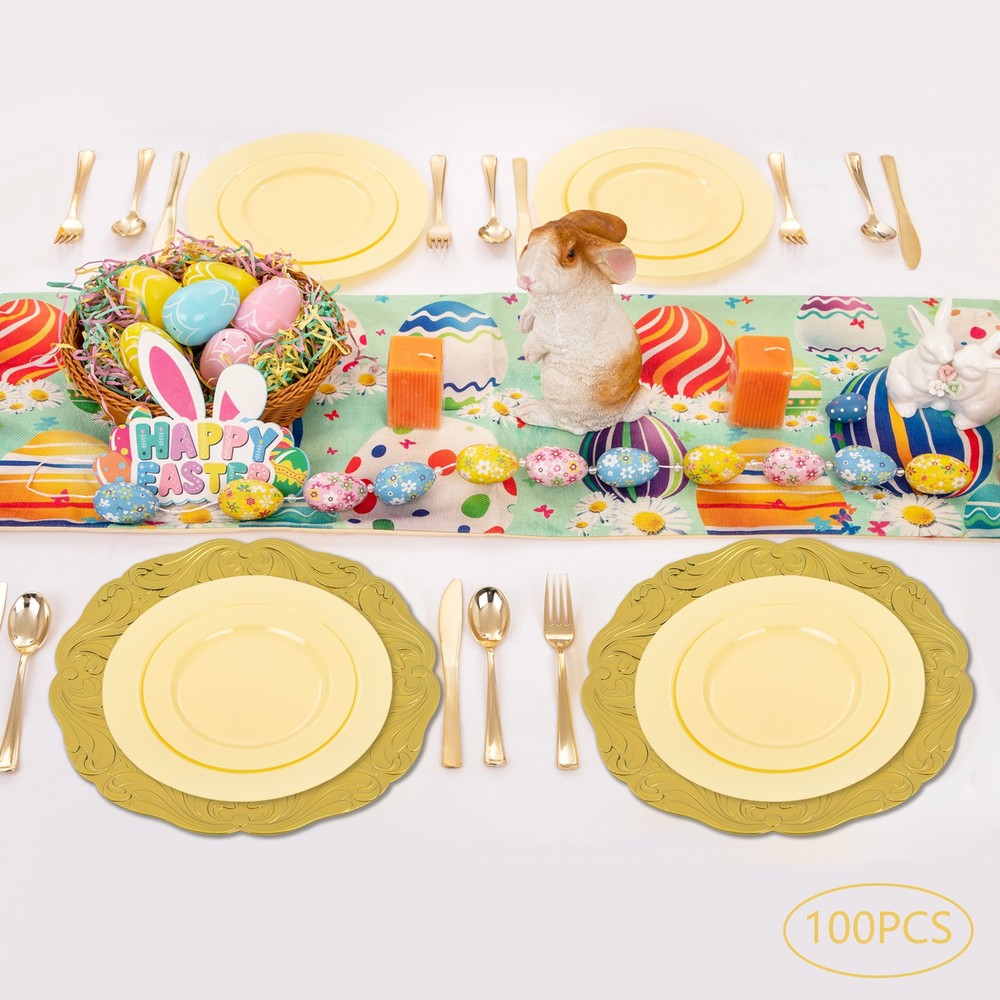 100 Pack Gold Plastic Charger Plates, 12.8 Inch, Spray Painted, for Wedding Part