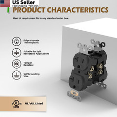 TOPELER Black Duplex Receptacle Outlet, Tamper-Resistant 20 Amp,