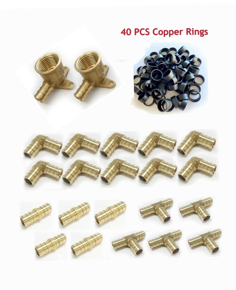 EFIELD 62 PCS 1/2″ PEX FITTINGS DROP-EAR ELBOWs TEE COUPLING ELBOW Copper Rings
