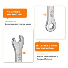 Thin Combination Wrench 3/16″ with 12-Point Ended 15°Angled Open End