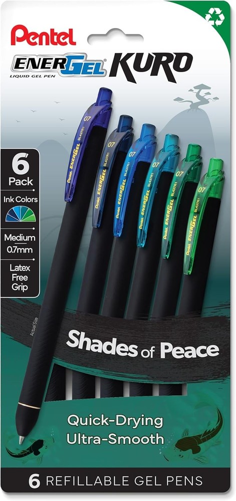 EnerGel Kuro Shades of Peace, Retractable Liquid Gel Pen, Assorted Ink Colors,