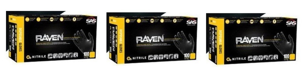 SAS Raven Black Nitrile Gloves Powder Free New 7mil Version (3 Boxs)