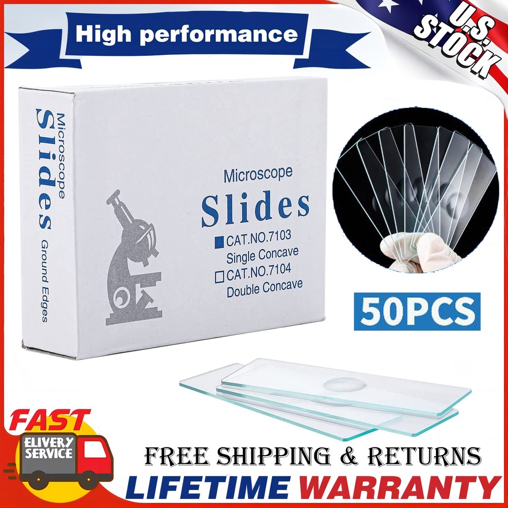 50Pcs Microscope Slides Concave Single Concave Pre-Cleaned Clear Glass Slide USA