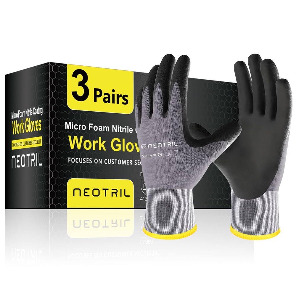 NEOTRIL Safety Work Gloves MicroFoam Nitrile Coated-3 Medium, 3 Pairs/ Grey