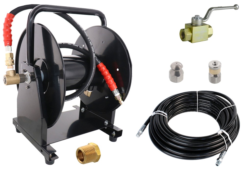 Scheiffer Sewer Jetter Kit – Ball Valve Hose Reel 1/4″ x 150′ Hose and Nozzles
