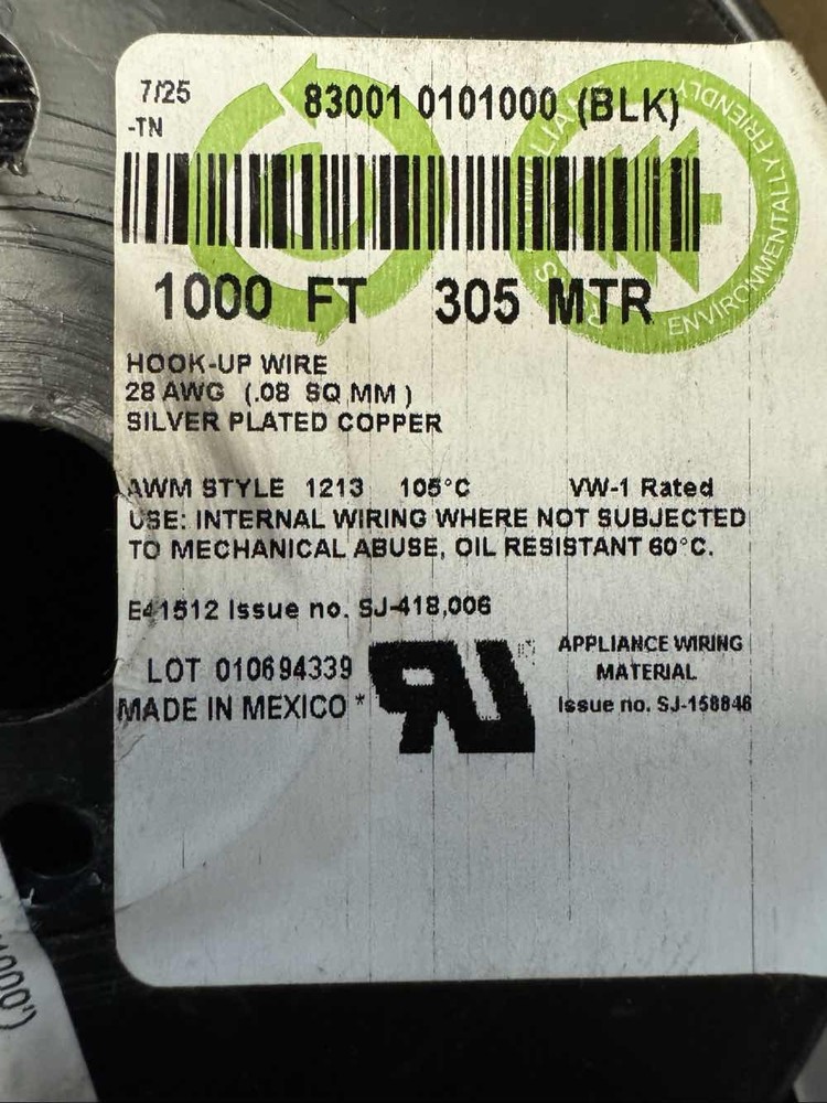 Belden 83001 0101000 Hook-Up Wire 28AWG Silver Plated Copper 1000FT BLK
