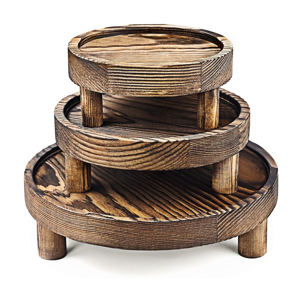 Wood Display Riser Set 3 Piece Decorative Pedestal Stand 8/6/5 Inch Rustic Brown