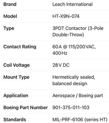 Leach HT-X9N-074 3PDT Contactor 60A 115/200VAC 400Hz 28VDC Coil Boeing