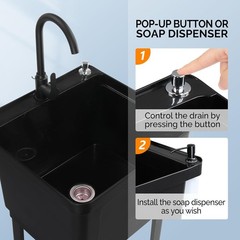 Plastic Utility Sink, Freestanding Sink with Hot&Cold Faucet, Soap Dispenser