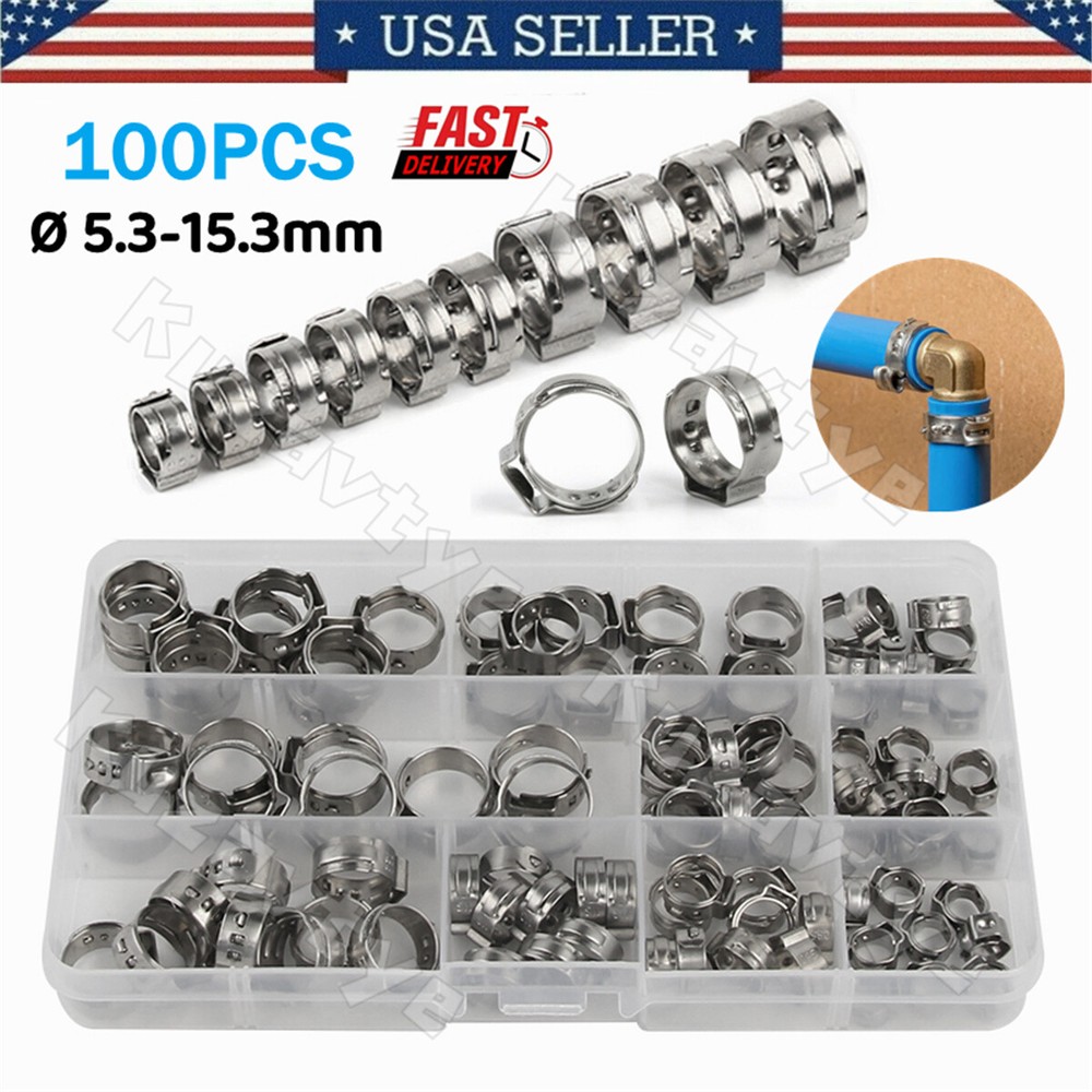 100/260Pcs Hose Clamps Single Ear Stainless Steel Air Water Fuel Pipe Clips Kit