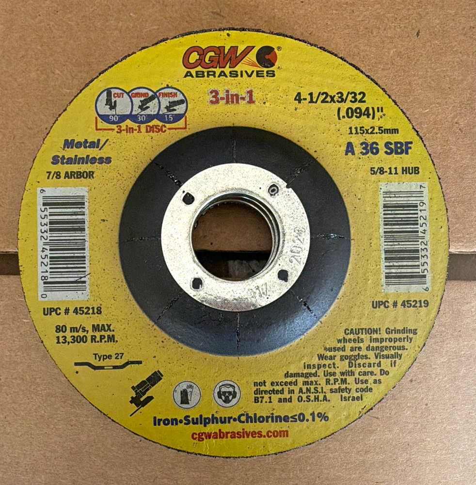 CGW Abrasives Type 27 Cut-Off Wheel 4-1/2 x 3/32 x 7/8 36 Grit M181833