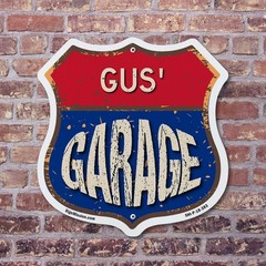 Gus’s Garage Shield Shaped Sign Weather Resistant Crafted in the USA