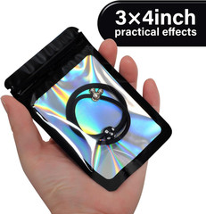 100-Pack 3×4 Inch Mylar Bags with Clear Window Holographic Resealable Sealable P