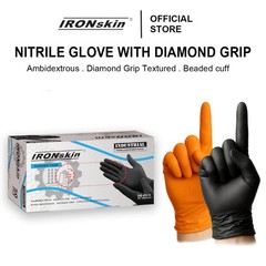 IRONskin Nitrile Glove Diamond Grip Disposable Black /Orange Powder Free 50 pcs