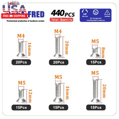440 Pieces Flat Hex Socket Head Cap Screws Kit 304 Stainless Steel M3 M4 M5 Metr