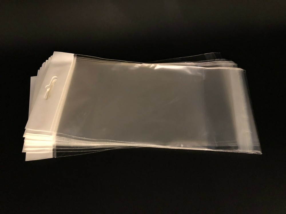 100 Clear Cello Bags HANG TOP, Resealable Self Adhesive OPP Poly Hang Hole bag