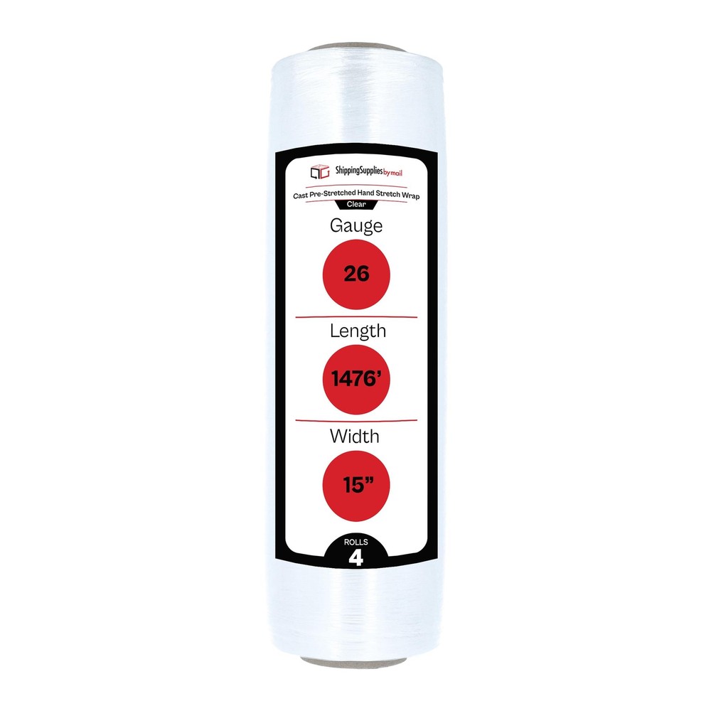 4 Rolls 26 Gauge Eco-Friendly Pre-Stretch Hand Shrink Wrap 15″ x 1476′ – Clear