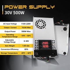 Adjustable 0-30V 16.6A 500W Power Supply, AC 110V/220V to DC 0-30V Buck Conve…