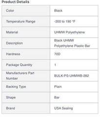 👑✨USA Sealing Black UHMW Polyethylene Plastic Bar, 1/4″ H, 1″ W, 48” L – New✨👑