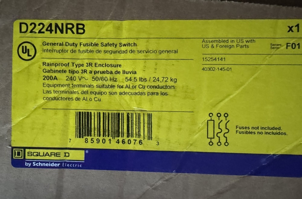 Square D D224NRB 200A 240V General Duty Fusible Safety Switch – Type 3R Gray