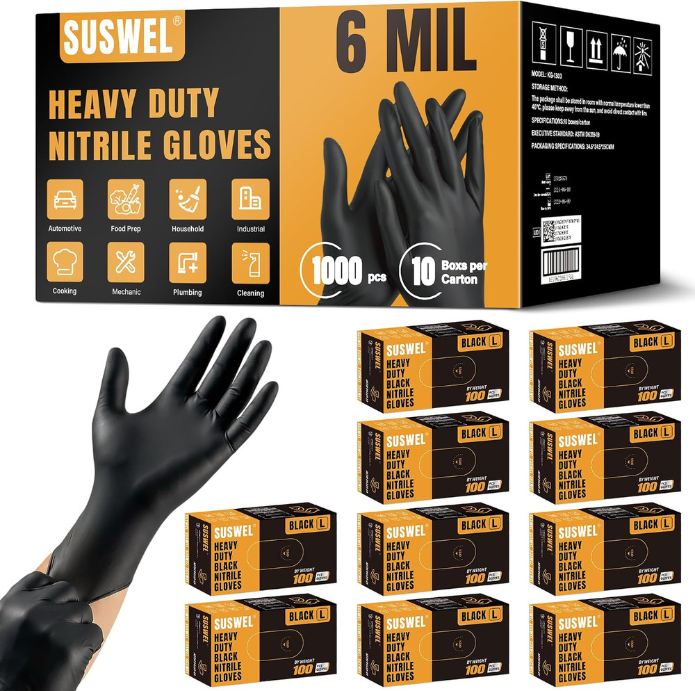 HEAVY DUTY 6 Mil Nitrile Gloves Disposable Latex Free Black Rubber Mechanic Tatt