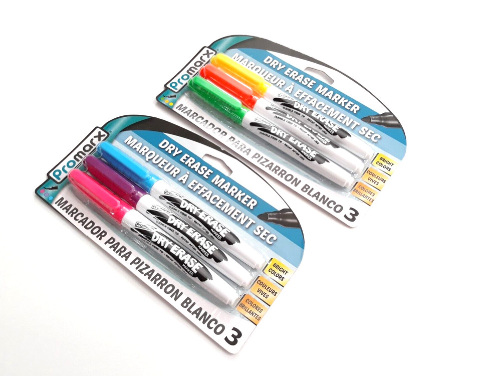 2 PACKS 6 PROMARX® DRY ERASE MARKERS MULTI COLORED PINK YELLOW PURPLE GREEN BLUE