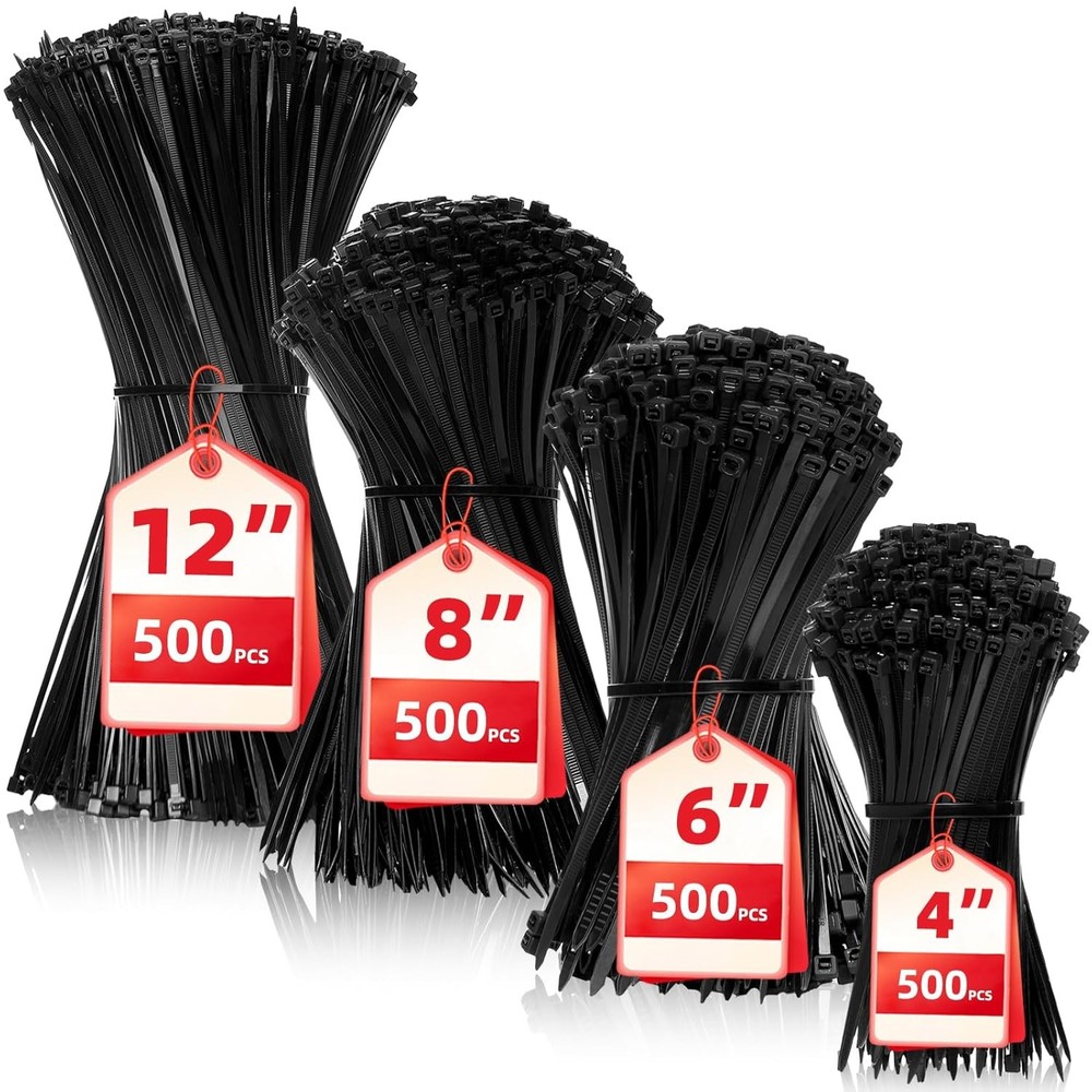 Zip Ties Assorted Sizes(4”+6”+8”+12”), 2000 Pack,Black Cable Ties,Multi-Purpose