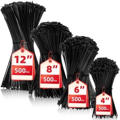 Zip Ties Assorted Sizes(4”+6”+8”+12”), 2000 Pack,Black Cable Ties,Multi-Purpose