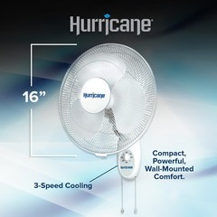 Hurricane 16″ 90 Degree Oscillating 3 Speed Wall Mounted Fan, White (Open Box)