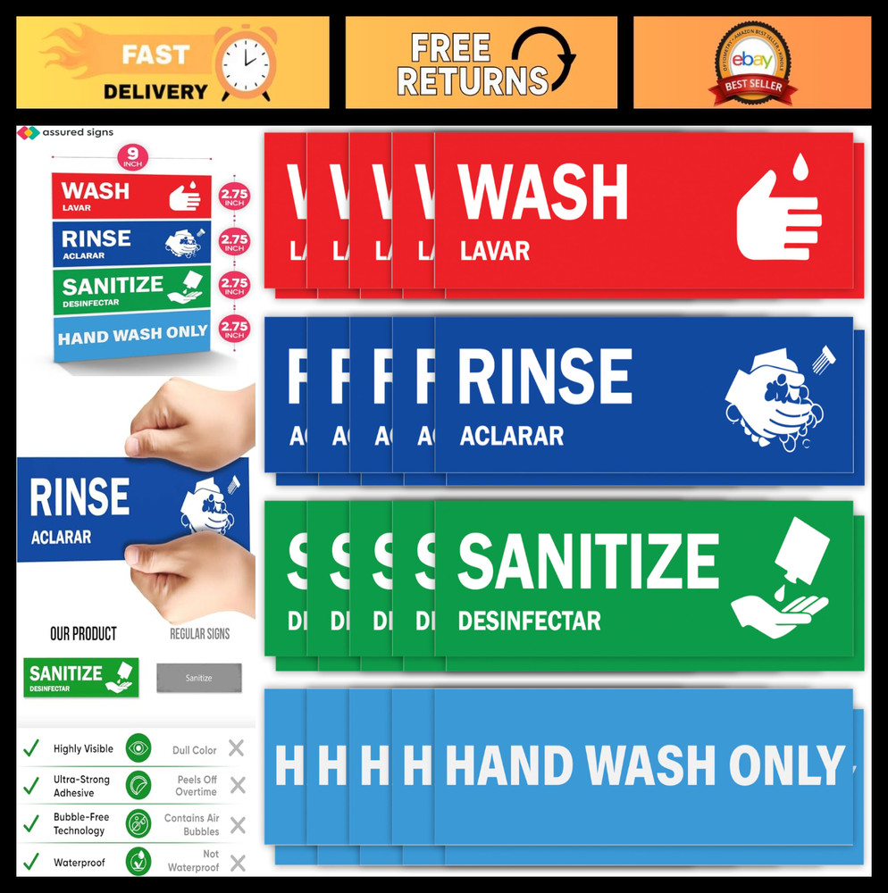 Wash Rinse Sanitize Sink Labels – 10 Pack, 2.75″x9″ – Hand Wash Only Sign – Idea