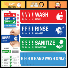 Wash Rinse Sanitize Sink Labels – 10 Pack, 2.75″x9″ – Hand Wash Only Sign – Idea