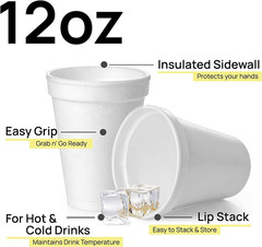 Square 12 Oz Disposable Foam Cups, 100 Pack, Insulated for Hot & Cold Beverages