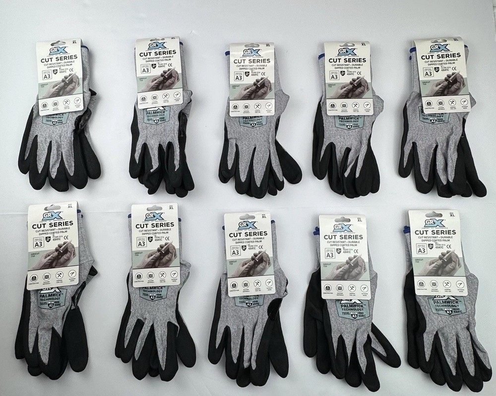 GRX Cut Series Work Gloves 10 Pairs Mens XL A3 Cut Resistant Dipped Palm 733XL