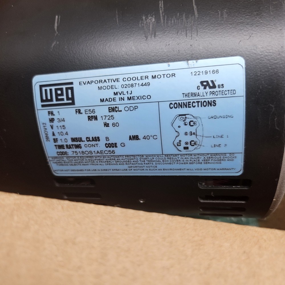 WEG 12219166 3/4 HP Evaporative Cooler Motor 115V 1725 RPM Frame 56 New Open Box