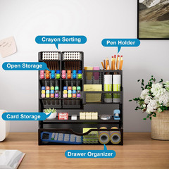Marbrasse Mesh Pen Holder for Desk, Multi-Functional Pencil Organizer with Drawe