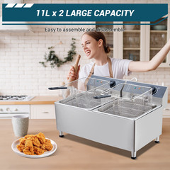 1700W 11L Electric Deep Fryer Commercial Stainless Steel Dual Basket Drain Valve